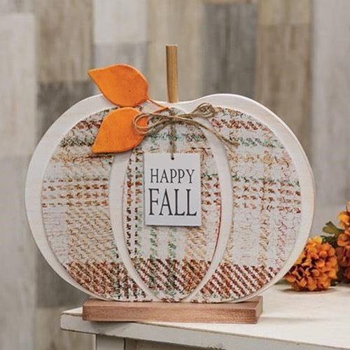 Happy Fall Plaid Wood Pumpkin