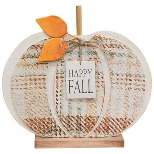 Happy Fall Plaid Wood Pumpkin