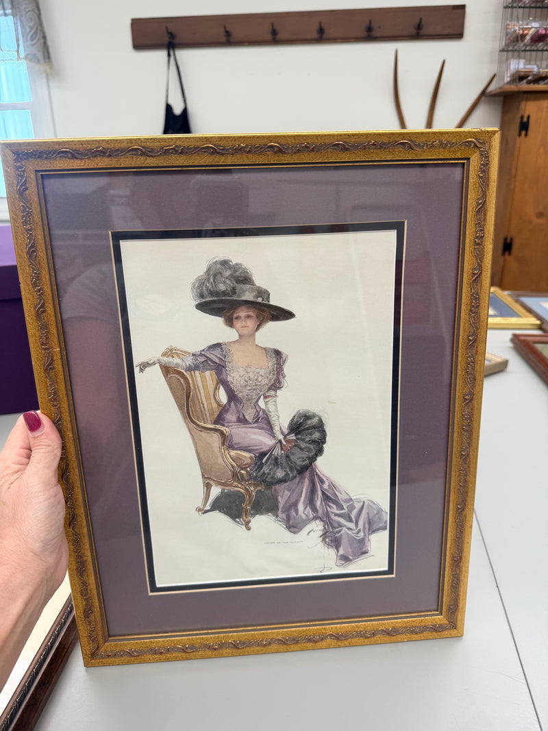 Framed Fisher Artwork - Vintage Lady in Purple w fan