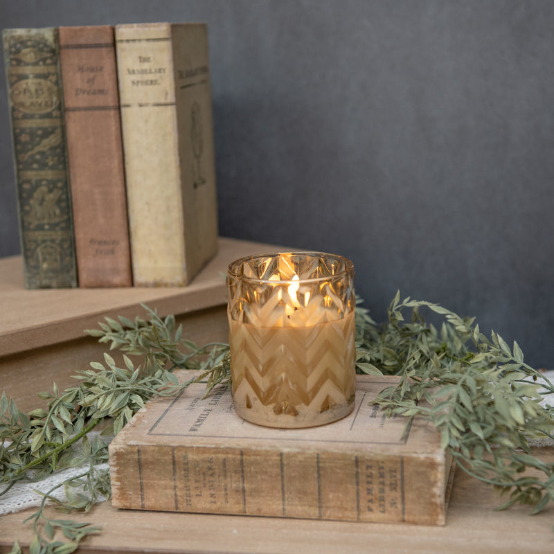 4" CHAMPAGNE CHEVRON GLASS 3D FLAME CANDLE