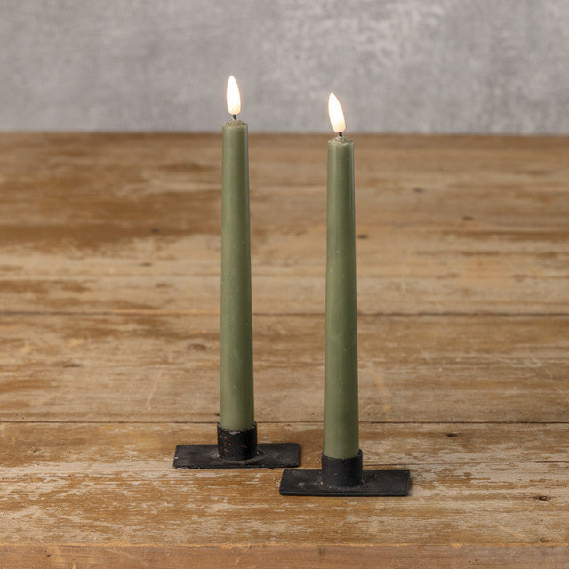 Set / 2 3D Flame Drop Dark Green Taper Candles