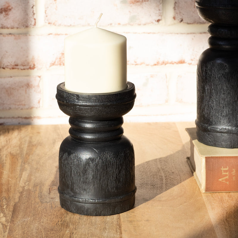 Black Wood Pillar Candle Holder