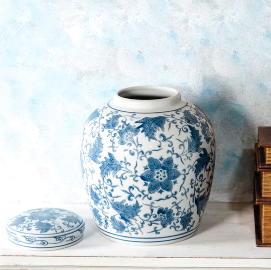 Blue Floral Porcelain Jar w/ Lid