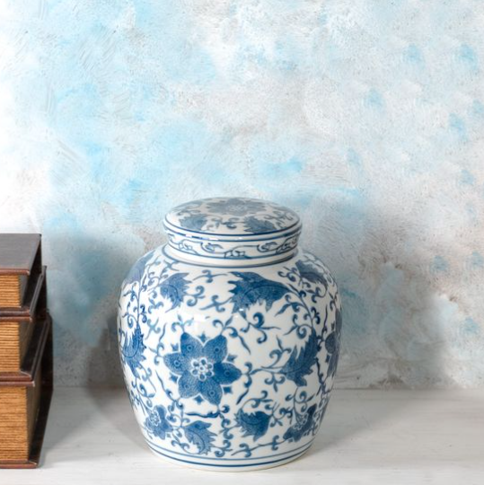 Blue Floral Porcelain Jar w/ Lid