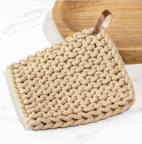 Leather Strap Knit Pot Holder