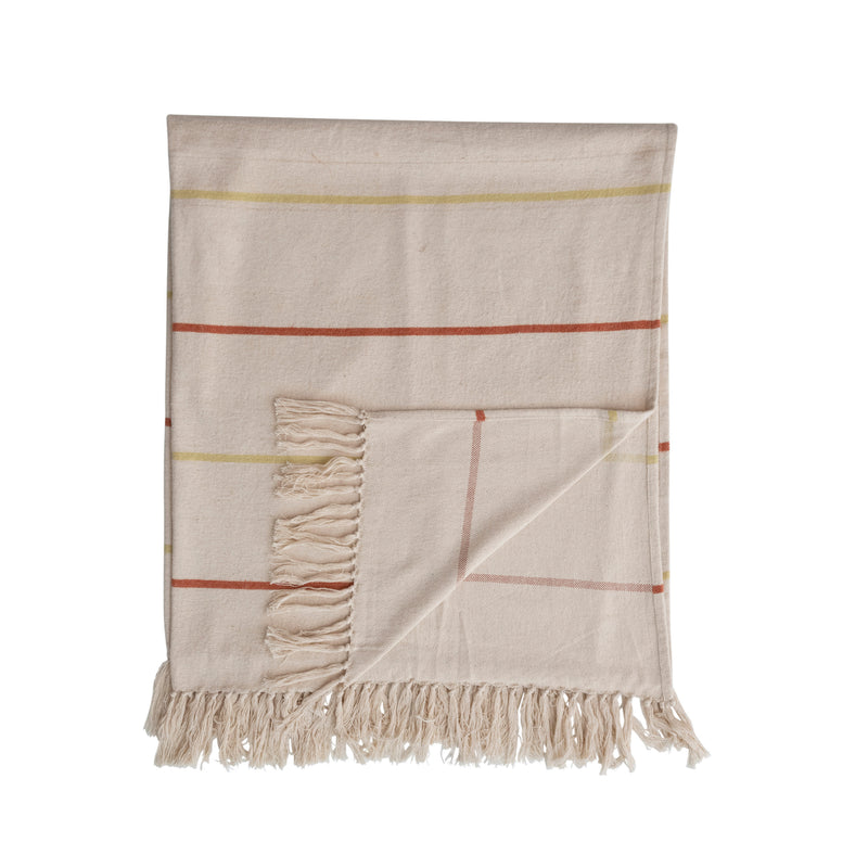 Cotton Flannel Throw with Stripes and Fringe