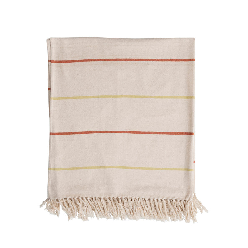 Cotton Flannel Throw with Stripes and Fringe