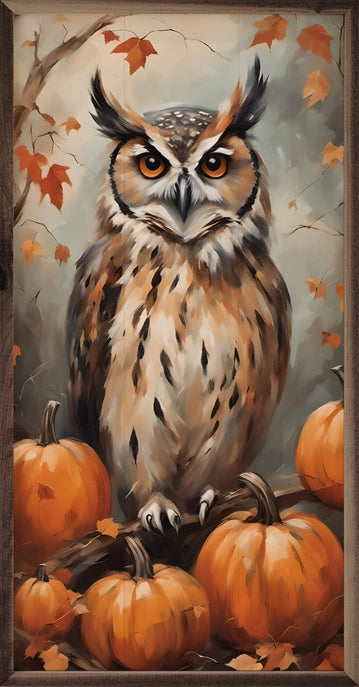 8x16 Owl with Pumpkins Framed Art
