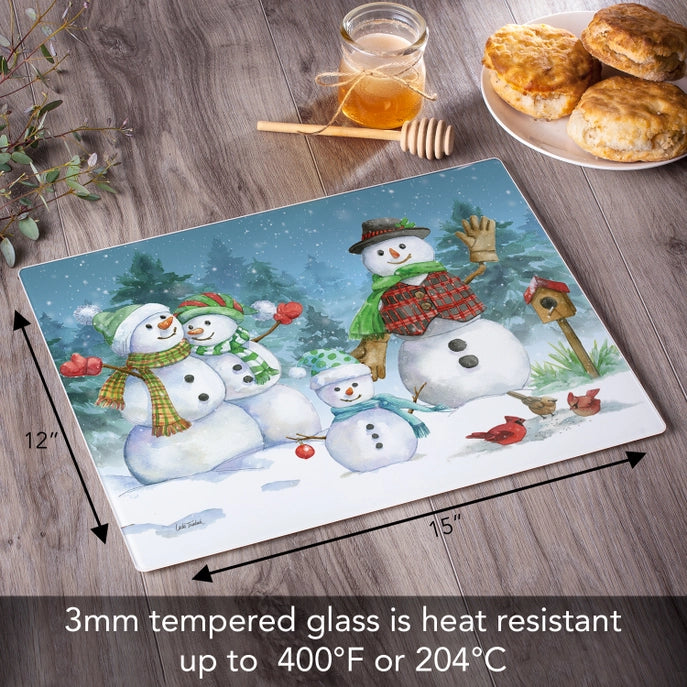 "Snowman Family" 15x12 Tempered Glass Cutting Board