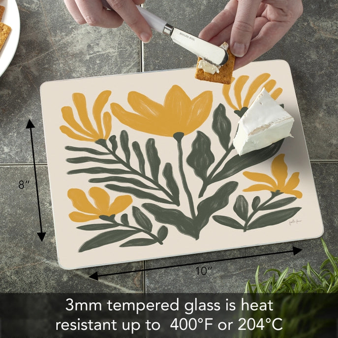 "Yellow Petalsl" 10x8 Tempered Glass Cutting Board