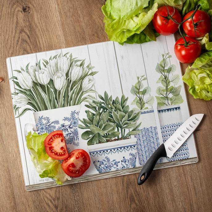 Blue and White Pottery 15x12 Tempered Glass Cutting Board