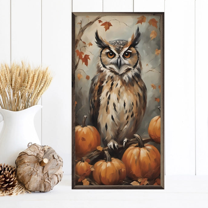 8x16 Owl with Pumpkins Framed Art
