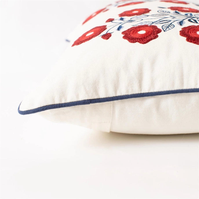 Red White & Blue Embroidered Floral Lumbar Pillow
