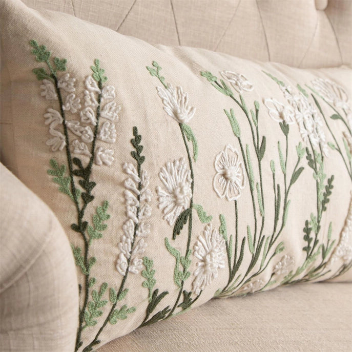 Embroidered Wild Flowers Lumbar Pillow