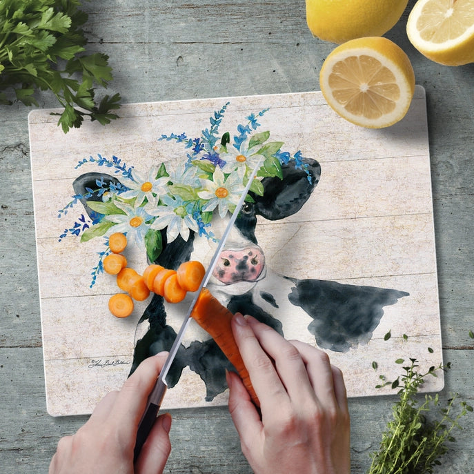 "Spring Cow" 10x8 Tempered Glass Cutting Board