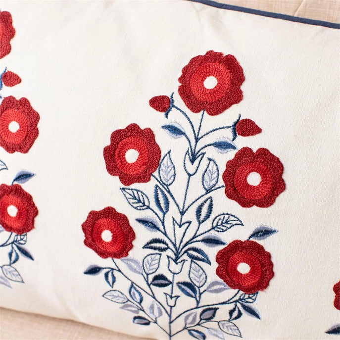Red White & Blue Embroidered Floral Lumbar Pillow