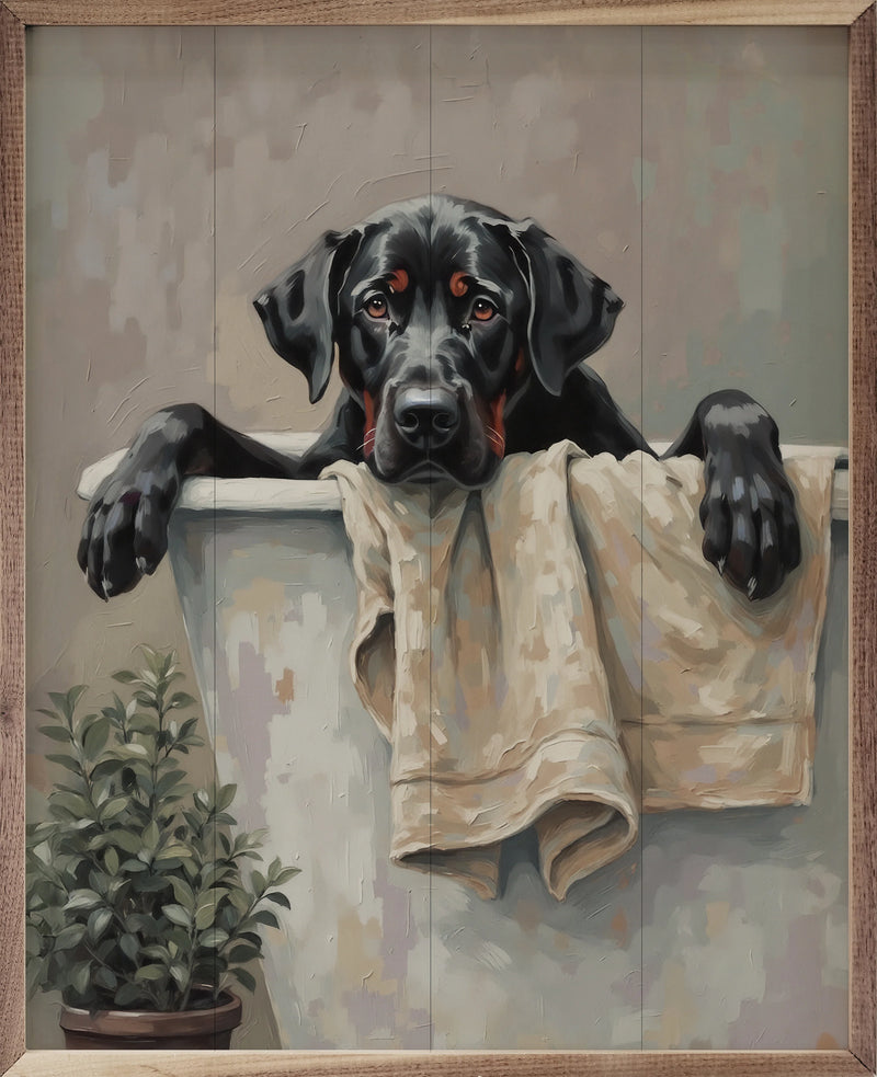 8x10 Bath Time Dog in White Tub Framed Wall Decor