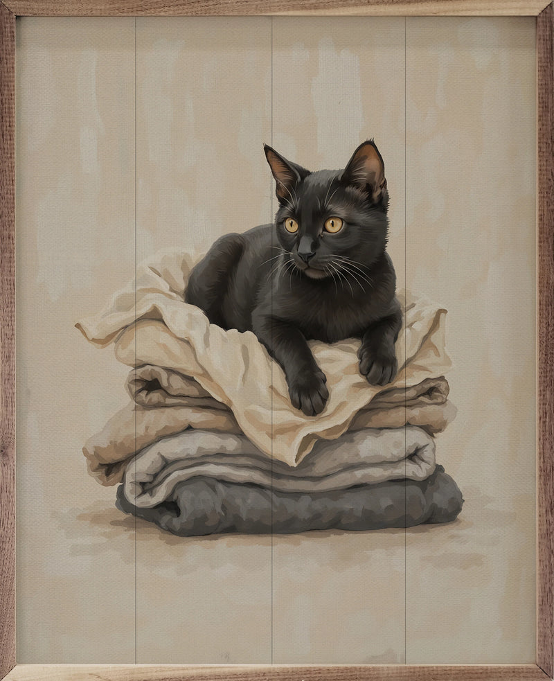 8x10 Black Cat on Folded Laundry Framed Wall Decor