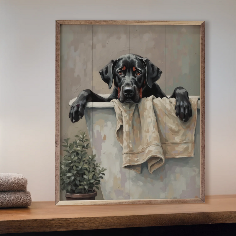 8x10 Bath Time Dog in White Tub Framed Wall Decor