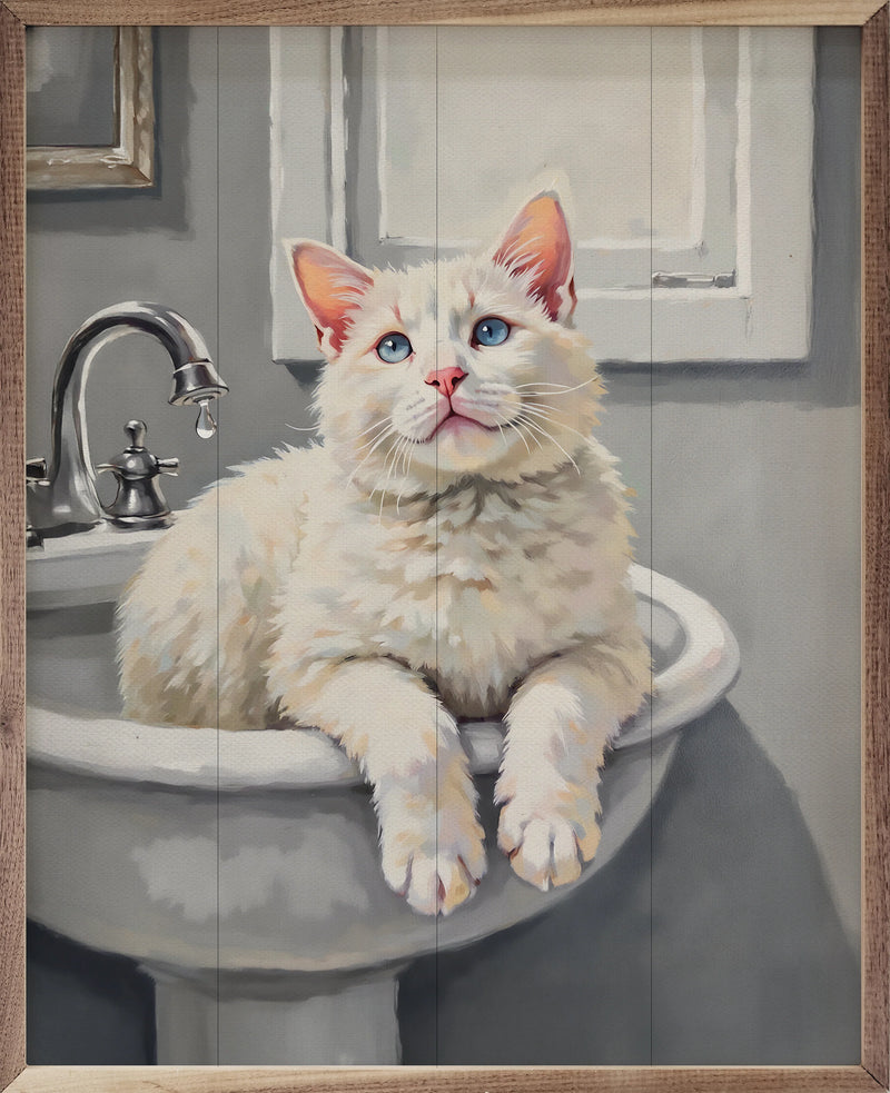 8x10 White Cat in Sink Framed Wall Decor