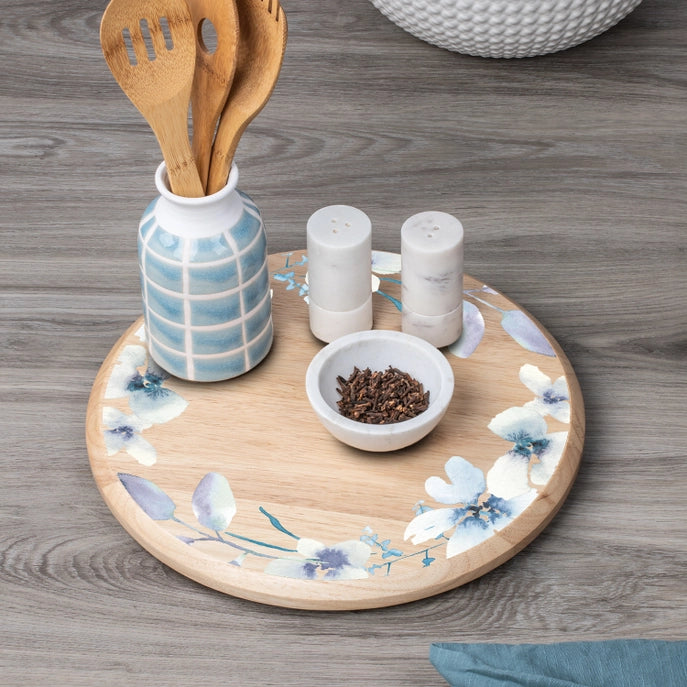 "White Floral Wreath" Rubber Wood Lazy Susan