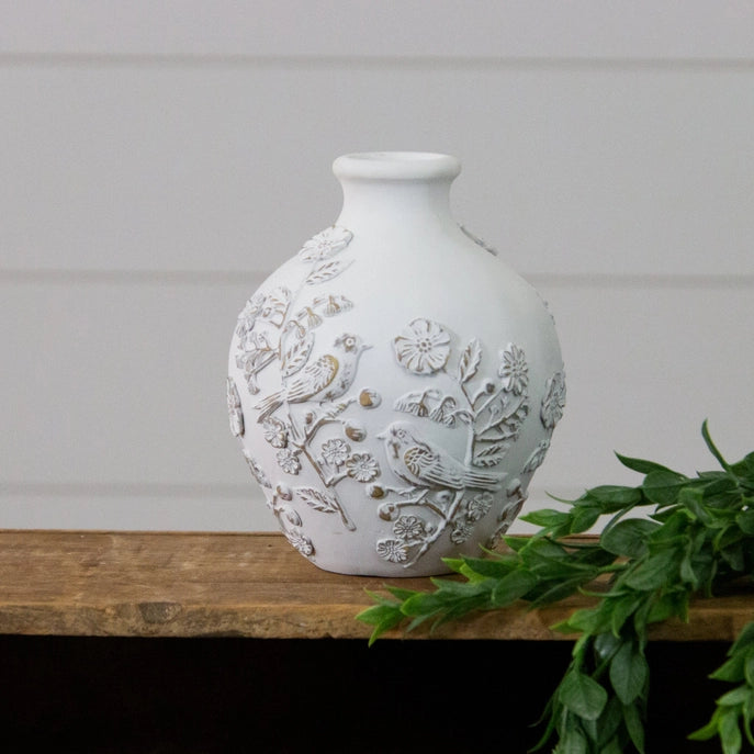 Vase w/ Textured Flowers & Birds