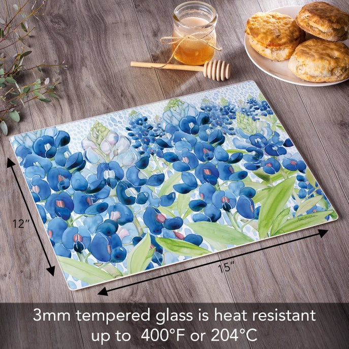 "Blue Bonnet Field" 15x12 Tempered Glass Cutting Board