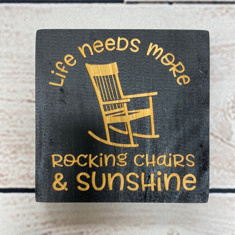 3X3 Wood Block Sign - Rocking Chairs & Sunshine