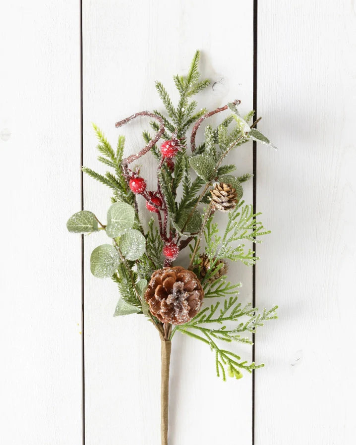 Frosted Mixed Evergreens, Berries, Cones Pick