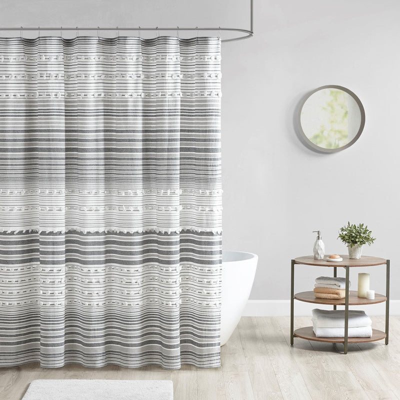Calum Shower Curtain w/ Pom Poms- Gray