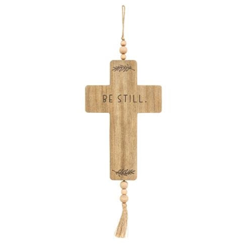 Be Still Cross Wood Ornament with Beads & Tassel