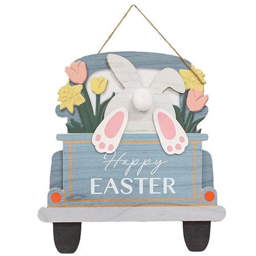 Happy Easter Bunny Butt Truck Hanging Wood Sign
