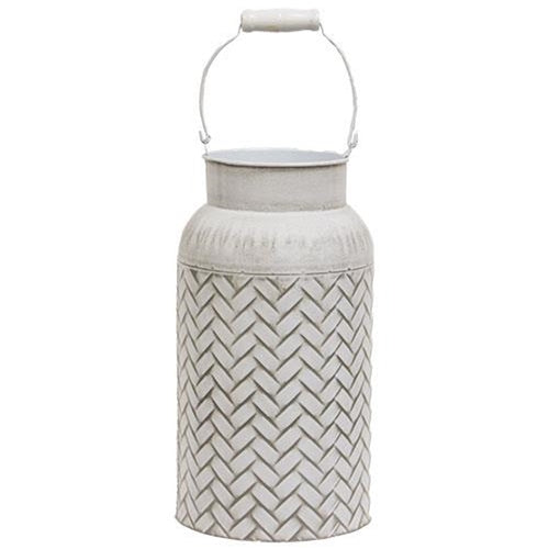 Distressed White Metal Basket Weave Milk Can