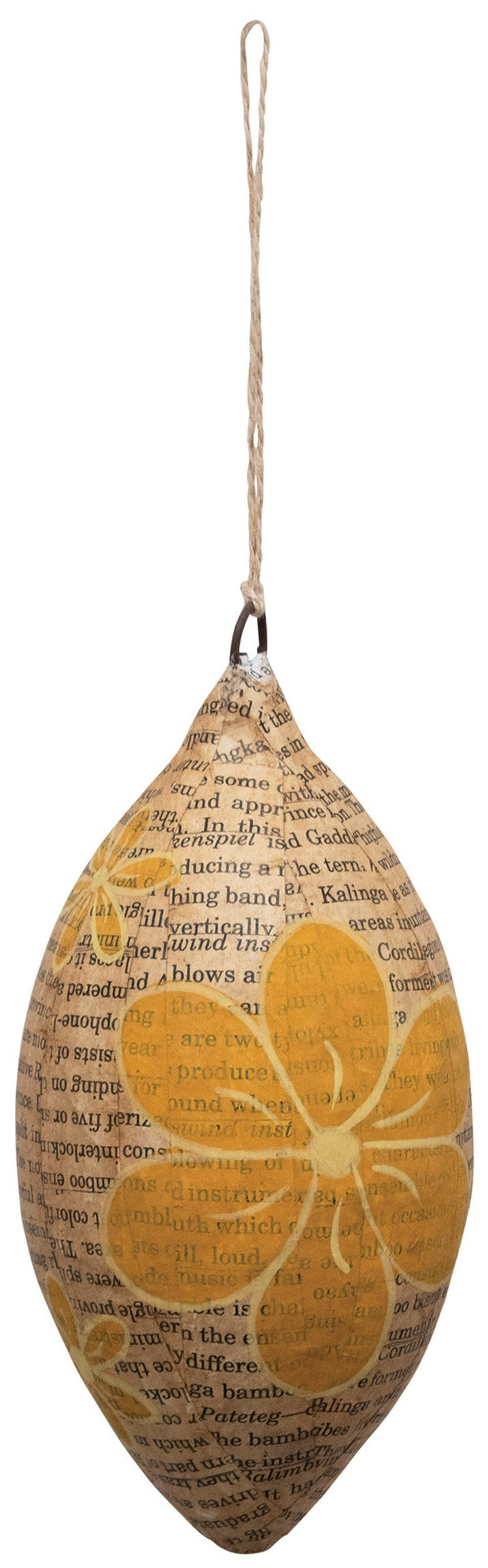 Paper Mache Newsprint Ornament with Hand-Painted Flowers