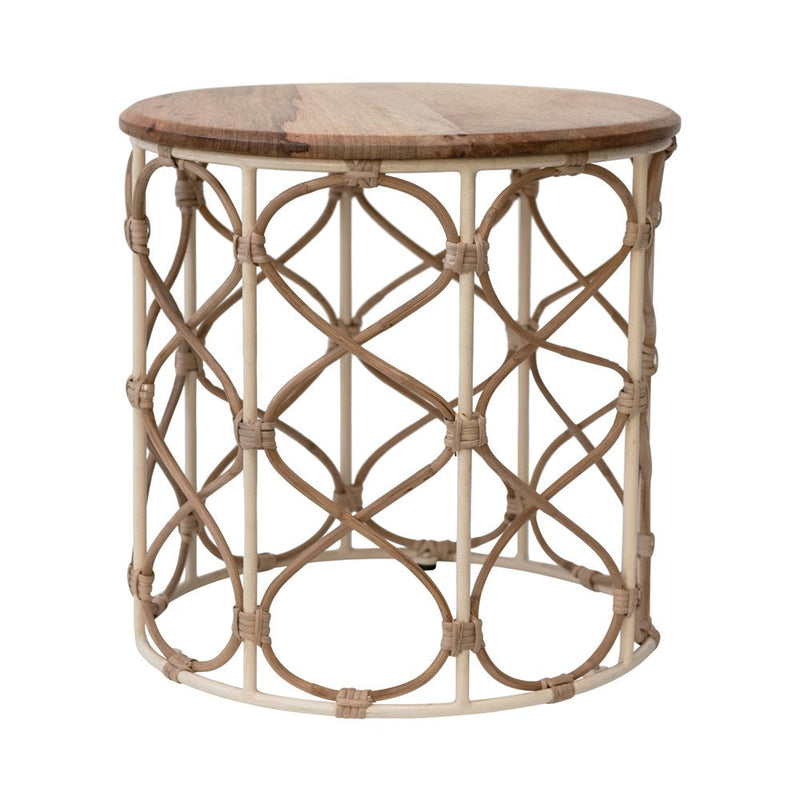 Wood, Metal & Rattan Side Table/Stool