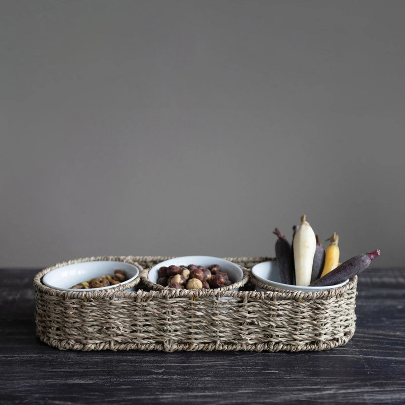 Hand-Woven Basket with Ceramic Bowls