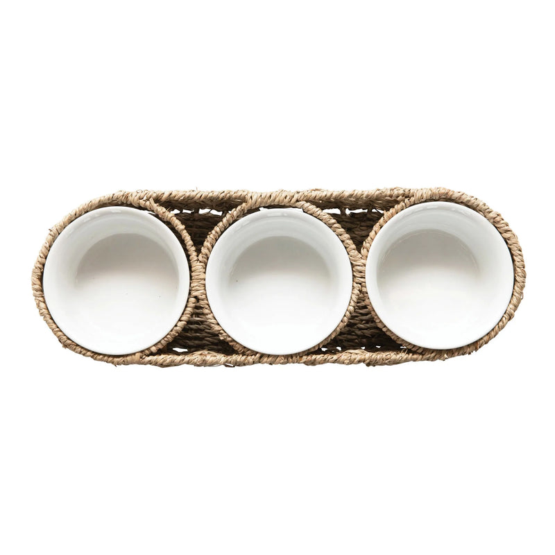 Hand-Woven Basket with Ceramic Bowls