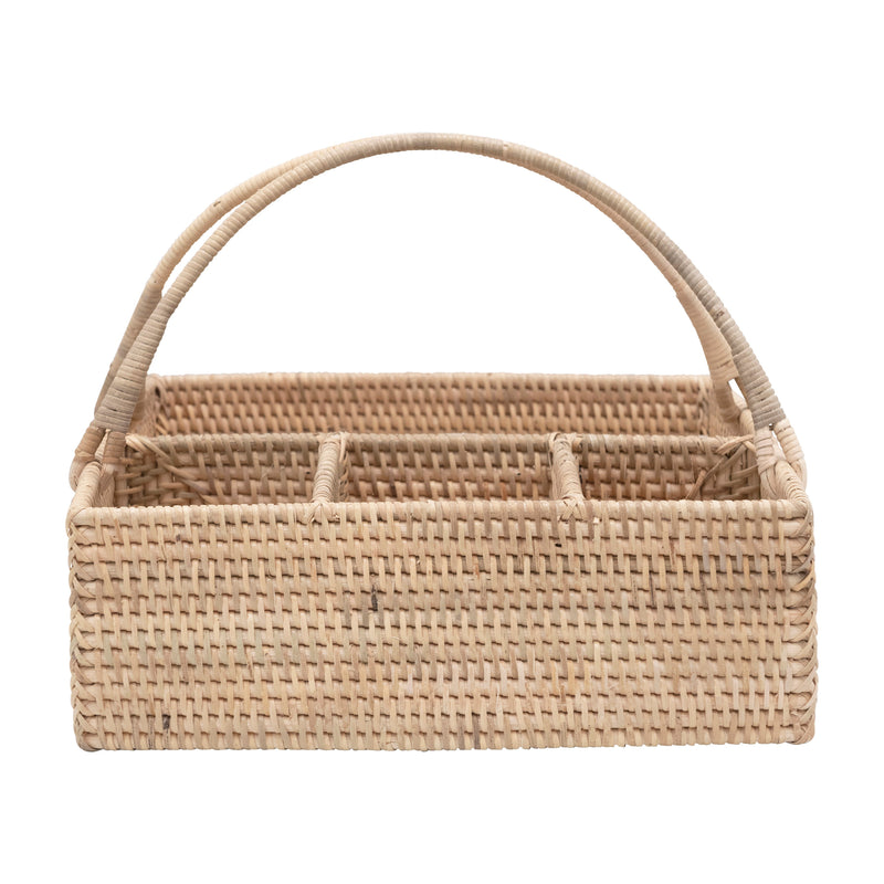 Hand-Woven Rattan Caddy with 4 Sections and Handle