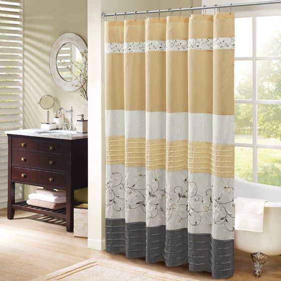 Serene Faux Silk Embroidered Floral Shower Curtain