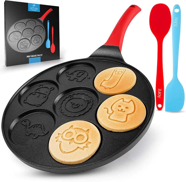 Pancake Pan with 7 Animal Face Designs Plus 2 Bonus Spatulas