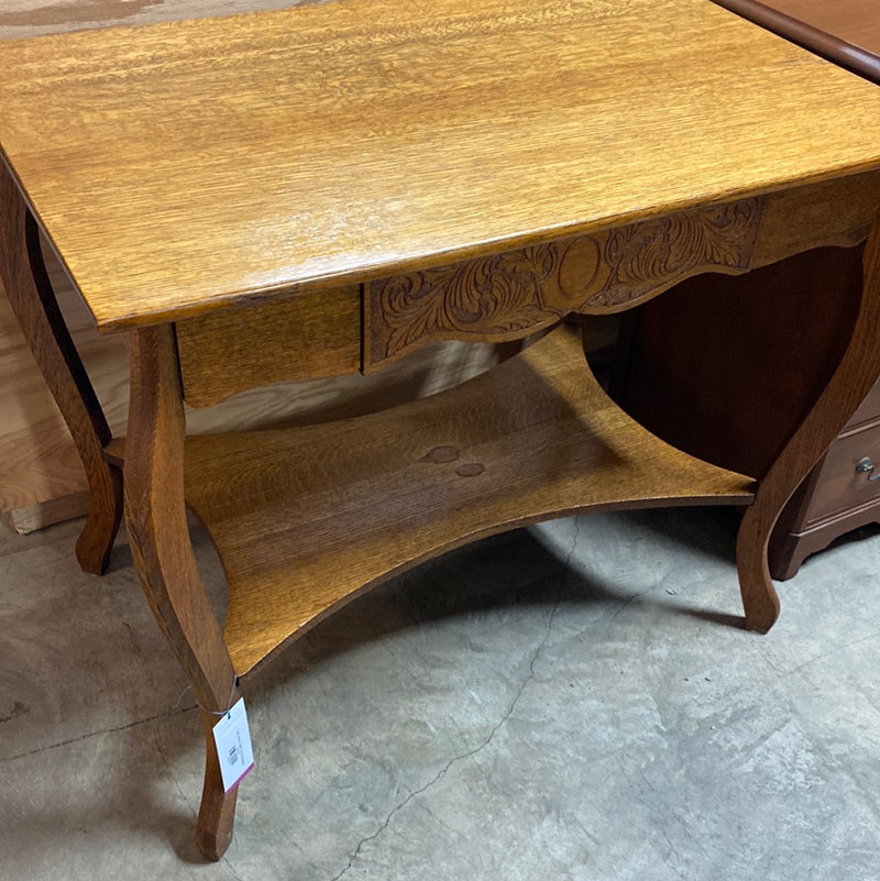 Oak Library Table (Carved Drawer)