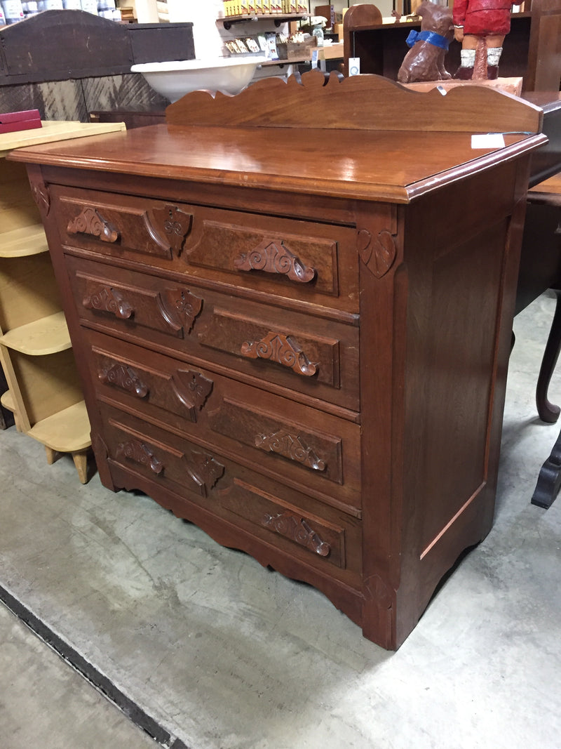 Burled Walnut Carved 4 Drawer Chest