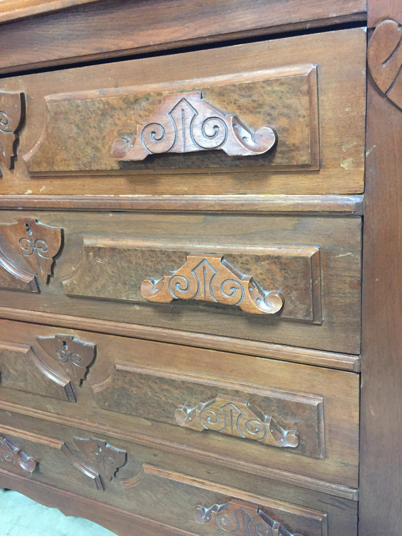 Burled Walnut Carved 4 Drawer Chest