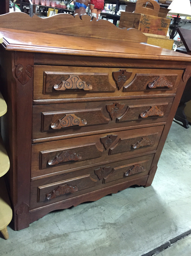 Burled Walnut Carved 4 Drawer Chest